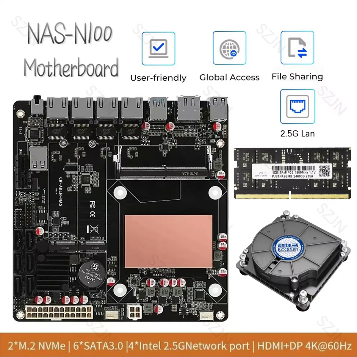 Placa-mãe mini-ITX preta com placa de cobre sobre o processador, quatro portas de rede, seis conectores SATA e dois slots M.2, ao lado de um pente de memória DDR5 e de um cooler