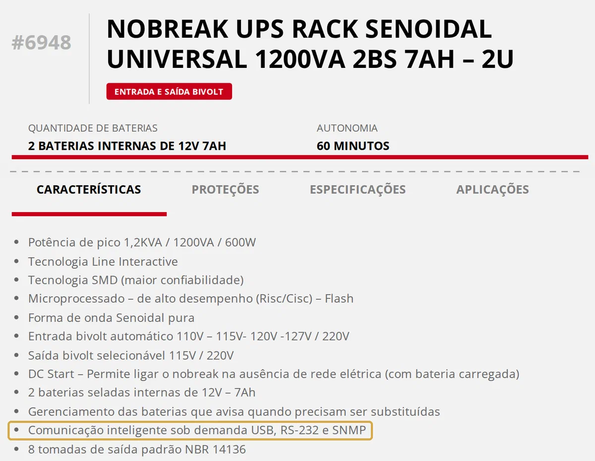 Captura da página do nobreak UPS Rack Senoidal Universal 1200VA no site da TS Shara, com a característica Comunicação inteligente sob demanda USB, RS-232 e SNMP destacada